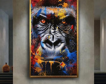Colorful Gorilla Canvas Wall Art, Modern Pop Art Animal Portrait Print with Bold Abstract Paint Splashes for Contemporary Home Decor