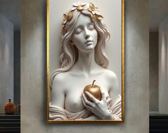 Golden Apple Goddess Canvas Wall Art – Elegant Mythological Female Sculpture with Floral Crown for Classical and Minimalist Decor