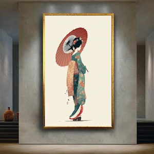 Japanese Geisha Wall Art Print – Minimalist Kimono Woman Canvas Poster – Traditional Asian Culture Decor – Modern Japan Wall Artwork