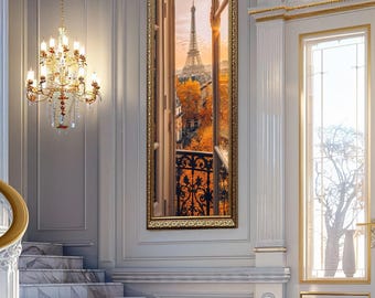 Paris Balcony View Wall Art Eiffel Tower Autumn Scene Canvas Art Romantic Cityscape Print French Window