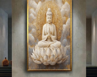 White Buddha Canvas Print Lotus Meditation Wall Art Zen Spiritual Decor Golden Clouds Peaceful Enlightenment Poster for Home Temple