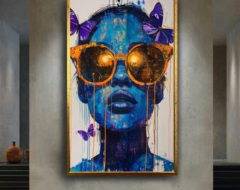 Colorful Woman Portrait Canvas Wall Art, Modern Pop Art Style Artwork with Sunglasses and Butterflies for Home Decor