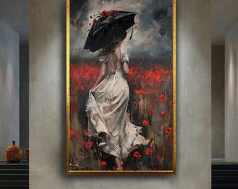 Romantic Woman in White Dress with Umbrella Canvas Print, Poppy Field Canvas Art with Oil Print Effect for Elegant Home Wall Decor
