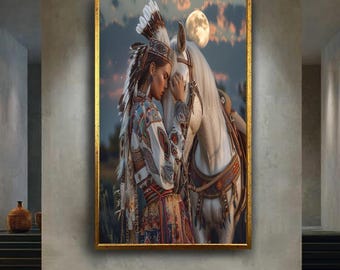 Spiritual Woman and White Horse Wall Art Moonlit Native Style Canvas Print Sacred Bond Poster for Boho or Nature Inspired Decor Gift