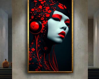 Futuristic Geisha Cyberpunk Wall Art Print, Red Black Sci Fi Portrait Illustration, Canvas Japan Aesthetic Poster for Decor