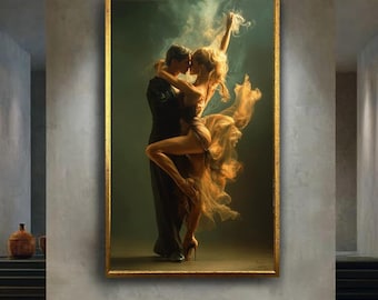 Romantic couple dancing tango in passionate golden smoke wall art canvas print sensual dance lovers artwork for living room decor