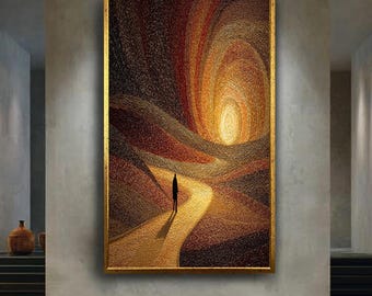 golden spiral path silhouette figure warm sunset tones textured swirling painting abstract modern wall art canvas home decor