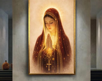 Virgin Mary Canvas Wall Art with Glowing Light in Red and Gold Religious Theme for Christian Home or Prayer Room Decor