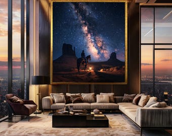 Cowboy Under Milky Way Wall Art Night Sky Western Landscape Starry Desert Print Lone Rider Galaxy Scene Canvas Art