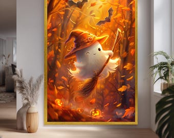 Whimsical Halloween Ghost Flying With Witch Hat And Broomstick Surrounded By Pumpkins And Bats In Autumn Forest Canvas Art