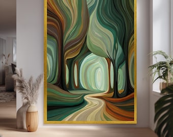 Abstract Forest Path Wall Art with Flowing Tree Shapes and Nature-Inspired Colors, Serene Landscape Print for Calm Boho Home Decor