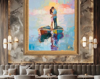 Romantic Couple on Boats Wall Art with Colorful Pastel Sunset, Impressionist Love Canvas Print for Anniversary or Bedroom Decor