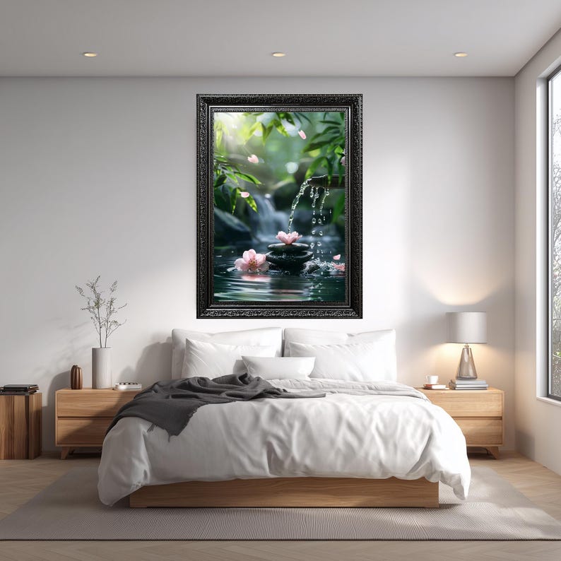 Zen Garden Wall Art With Bamboo Water Fountain Stones and Pink Lotus ...