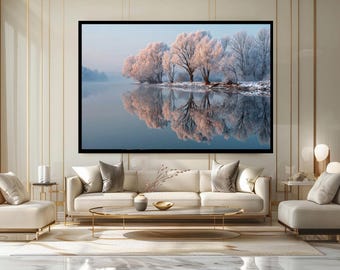 Winter Frost River Landscape Canvas Wall Art Snowy Trees Reflected in Water Peaceful Nature Print for Bedroom or Living Room Decor
