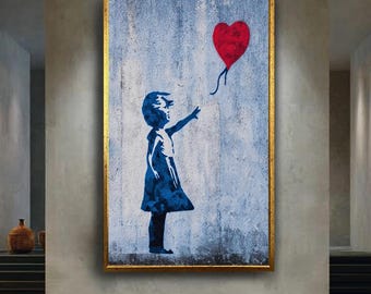 Street Art Girl with Heart Balloon Wall Print – Urban Graffiti Canvas Poster – Modern Pop Art Decor – Emotional Minimalist Artwork