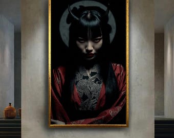 Dark Japanese Oni Wall Art – Gothic Geisha with Horns Canvas Print – Red Kimono Demon Poster – Mythical Asian Horror Decor