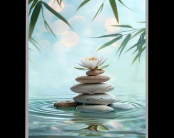 Zen Stones and White Lotus Flower Canvas Wall Art, Tranquil Water Reflection Poster, Peaceful Bamboo Spa Room Decor Print