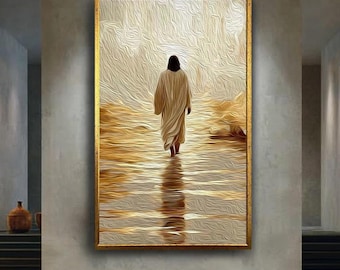 Jesus walking in golden divine light abstract spiritual wall art canvas print Christian religious print for home decor gift