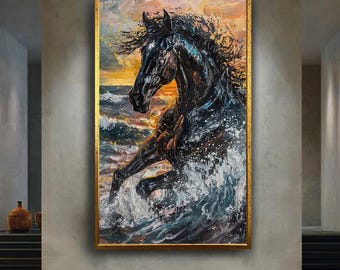 Black Horse Ocean Waves Canvas Wall Art, Equine Sunset Artwork for Home Decor, Gift for Horse Lovers and Coastal Art Fans