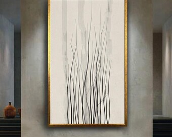 Minimal Line Art Canvas Print, Abstract Black White Wall Decor, Modern Japandi Neutral Poster, Elegant Ink Brush Nature Artwork