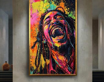 Colorful Laughing Portrait Pop Art Canvas, Vibrant Urban Wall Decor, Modern Street Art Style