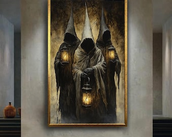 Dark Cult Hooded Figures with Lanterns Wall Art | Gothic Ritual Fantasy Horror Canvas | Creepy Occult Aesthetic Print for Home Decor