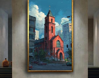 Red gothic church wall art print in urban cityscape, modern gothic building canvas painting for architectural decor lovers