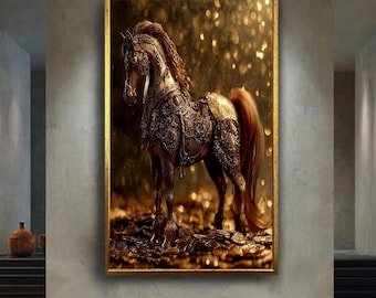 Golden Horse Wall Art Print – Majestic Fantasy Equine Canvas – Luxury Mythical Decor Poster with Ornate Details for Home