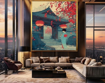 Japanese Garden Wall Art Print, Geisha Kimono Illustration with Lanterns, Tranquil Oriental Poster for Zen or Asian Inspired Decor