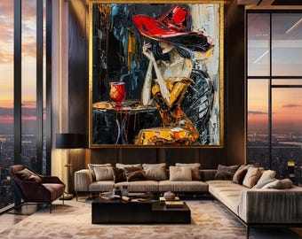 Elegant Woman in Red Hat Canvas Wall Art – Knife Print with Yellow Dress and Cocktail in Modern Impressionist Style