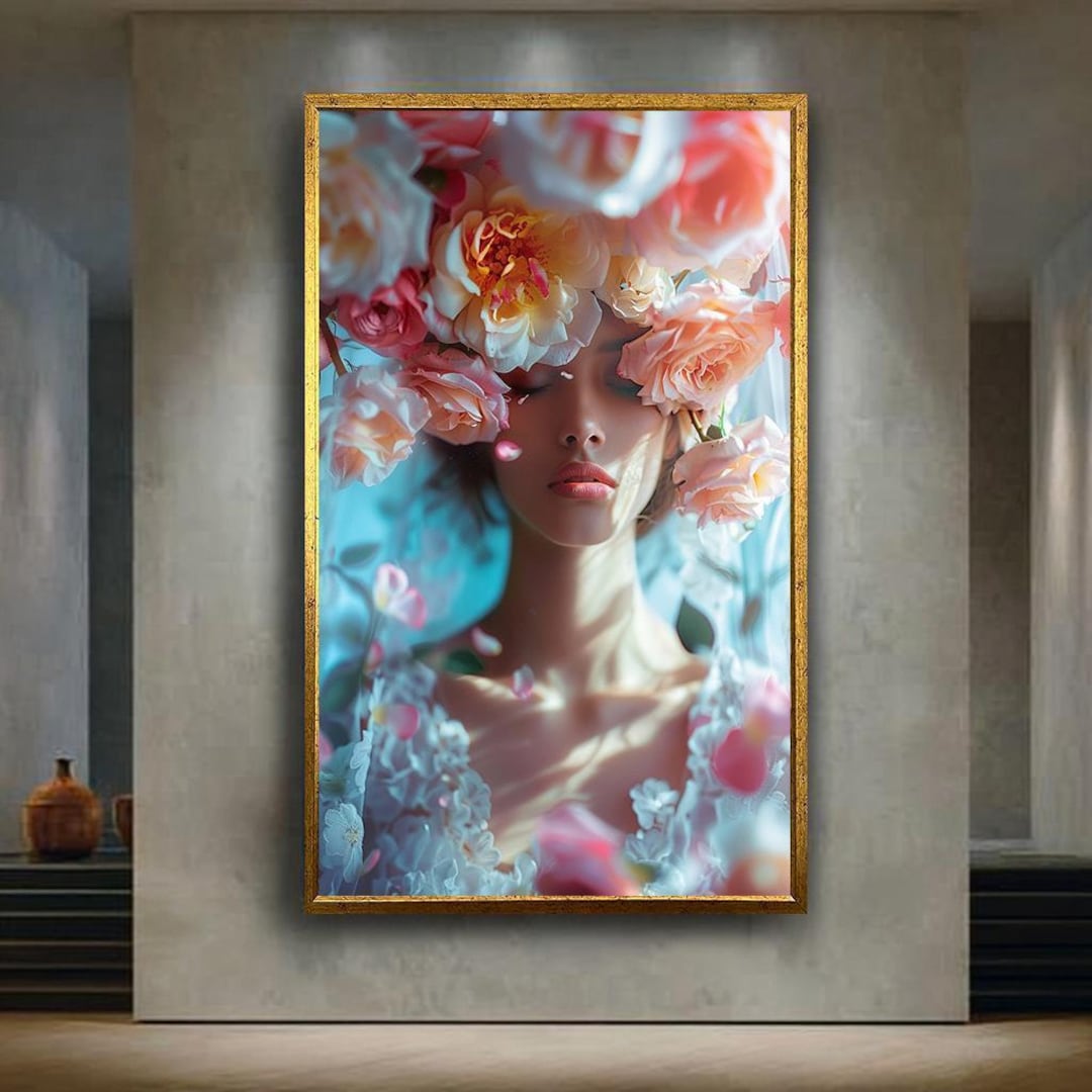 Soft Romantic Floral Woman Portrait Canvas Wall Art, Botanical Rose ...