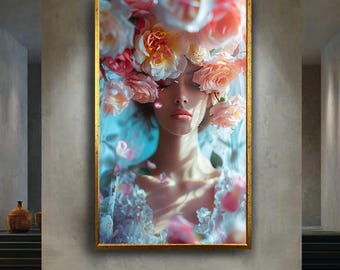 Soft Romantic Floral Woman Portrait Canvas Wall Art, Botanical Rose Headpiece Artwork for Home Decor, Bohemian Gift for Art Lovers