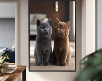 Twin Cats Canvas Wall Art in Minimal Interior – Cute Grey and Brown Kittens Print for Cat Lovers and Modern Animal Home Decor