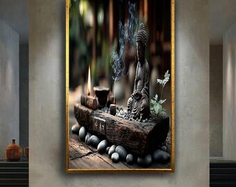 Buddha Statue Canvas Wall Art with Incense Smoke and Candle Flame – Zen Meditation Print for Spiritual or Yoga Room Decor