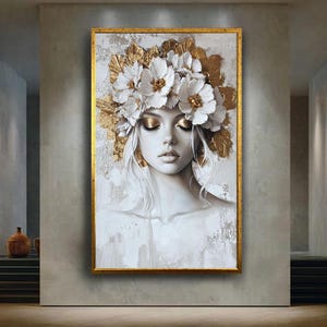 Gold and white floral woman canvas wall art print, elegant textured female portrait artwork, luxury modern decor for bedroom or living room
