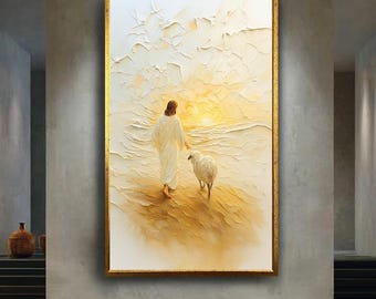 Jesus the Good Shepherd Canvas Wall Art, Christian Religious Artwork with Sheep and Golden Light, Sacred Spiritual Home Decor Print