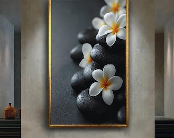 Spa Zen Canvas Wall Art with White Plumeria Flowers and Black Stones – Tranquil Wellness Print for Bathroom or Massage Room Decor