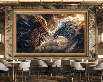 Lion vs Eagle Wall Art Epic Animal Clash  Canvas  Fantasy Battle Print Power Symbol Decor Mythical Artwork
