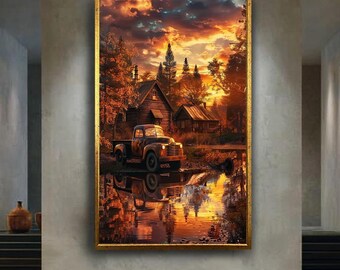 Rustic Autumn Cabin Sunset Canvas Wall Art – Vintage Pickup Truck and Lake Reflection Country Landscape for Cozy Home Decor