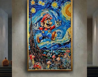 Whimsical Mario Wall Art in Starry Night Style Colorful Video Game Character Print Pop Culture Artwork Gamer Room Decor