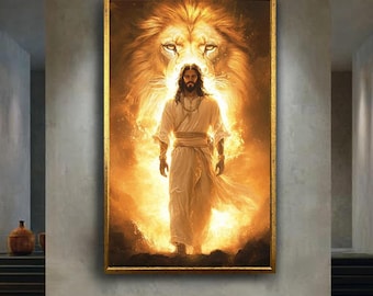 Lion of Judah Canvas Wall Art, Powerful Jesus with Lion Print, Christian Prophetic Artwork for Spiritual Home and Church Decor