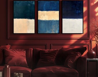 Abstract Navy Blue Beige 3 Piece Wall Art Set – Modern Minimalist Geometric Canvas Prints for Living Room or Office Wall Décor