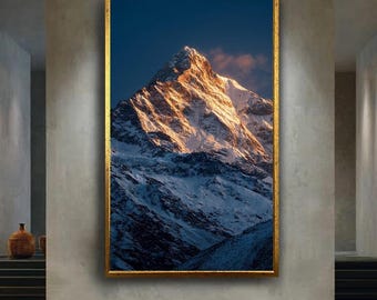 Golden Sunset Mountain Canvas Art Print, Majestic Snowy Peak Wall Decor for Nature Inspired Modern Rustic Home Interiors