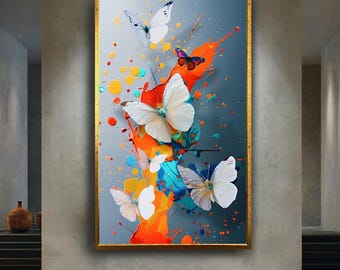 White Butterfly Color Splash Canvas Wall Art – Vibrant Modern Abstract Painting with Bright Paint and Flying Butterflies for Bold Decor