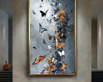 Abstract Butterfly Canvas Wall Art – Gray and Orange Splatter Painting with Elegant Flying Butterflies for Modern Nature Inspired Decor