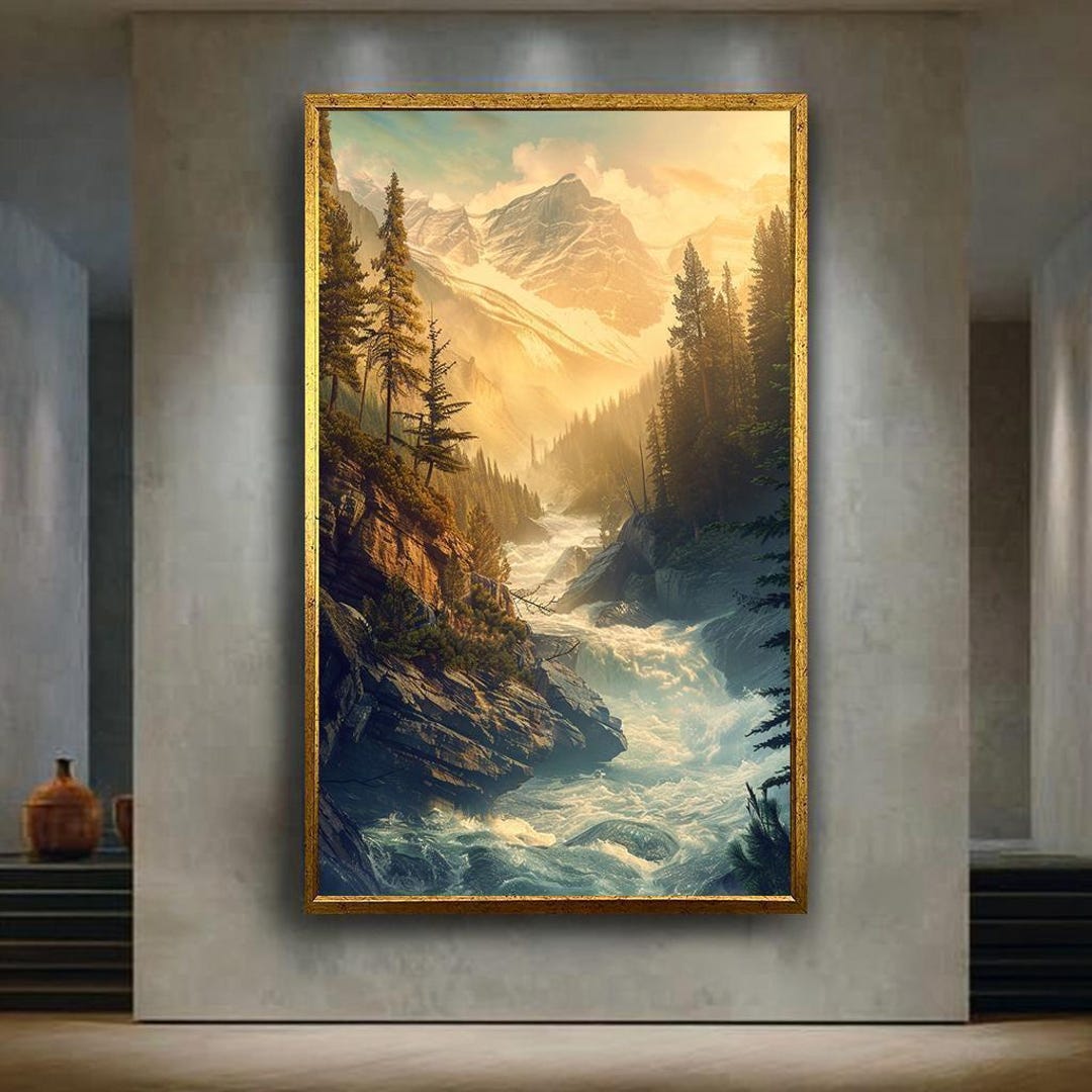 Rushing Mountain River Canvas Wall Art Print With Sunrise and Pine ...