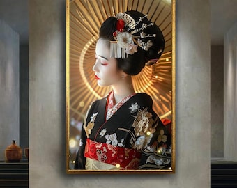 Elegant Geisha Wall Art in Traditional Kimono Japanese Culture Portrait Oriental Beauty Artwork Asian Home Decor