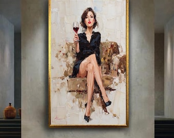 Classy Woman with Wine Glass Wall Art, Elegant Modern Oil Painting Style Lady Print for Chic Living Room or Bar Area Decor