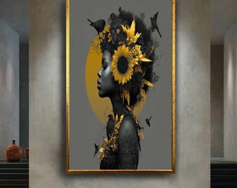 Sunflower Afro Woman Canvas Wall Art, Black and Gold Botanical Portrait Print, Modern Surreal Nature Inspired Boho Wall Decor