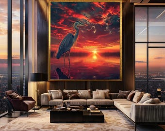 Sunset Heron Wall Art Print, Dramatic Bird Photography with Fiery Sky, Serene Nature Decor for Bird Lovers and Tranquil Spaces